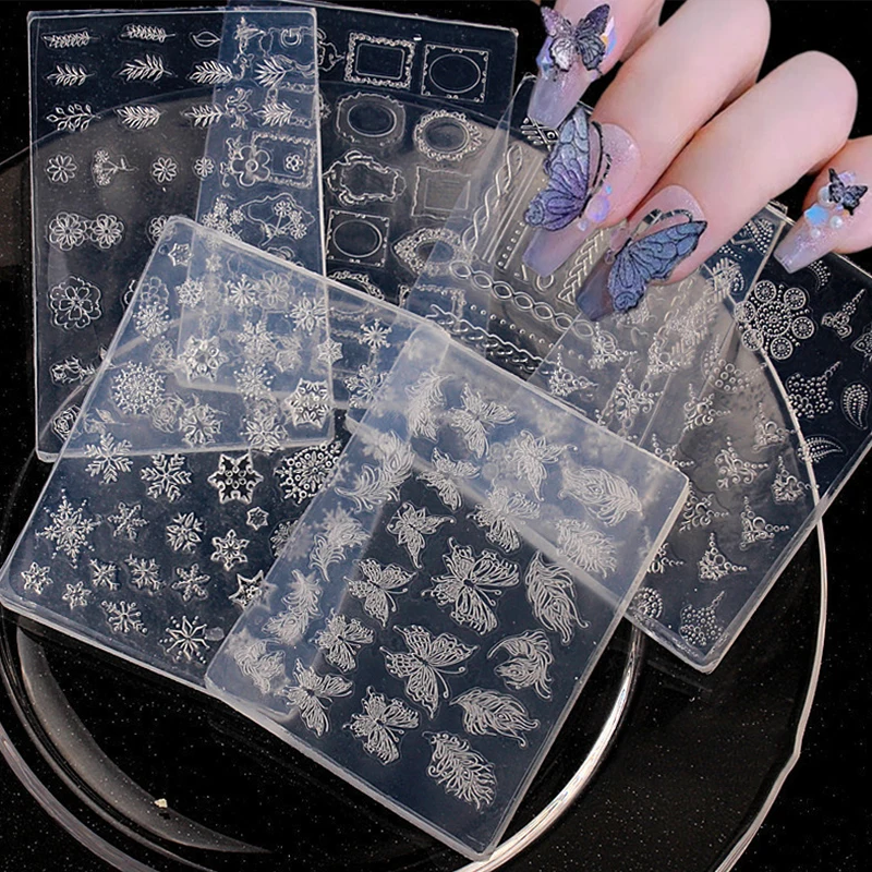 Nail Art Silicone Mold 3D Butterfly Flower Christmas Snowflake Embossed Design Gel Print Stencils Nail Carving Templates Tools