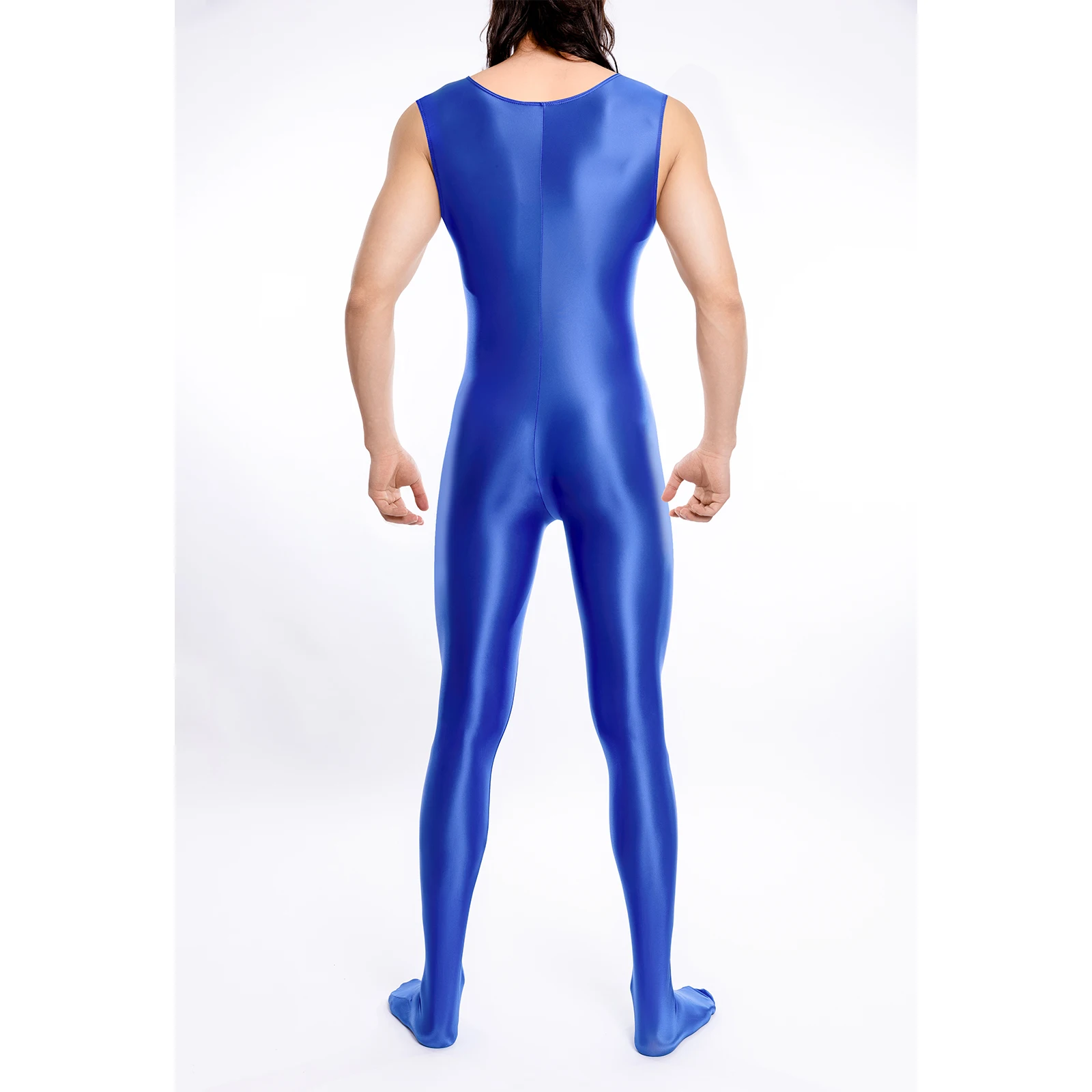 Men Yoga Body-shaped Jumpsuit Costumes Glossy Stretchy Fitness Gym Comfortable Body Legging Sleeveless Footed Bodysuit Jumpsuit