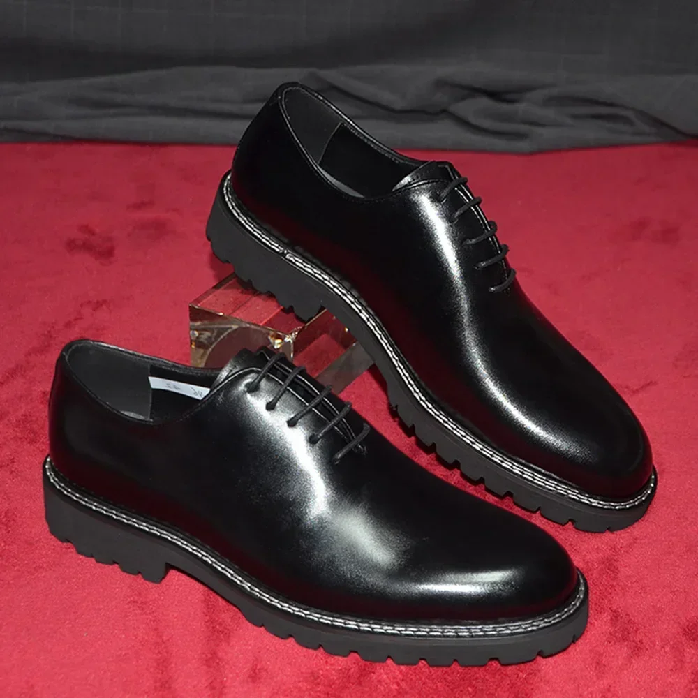 Elegant Black Men\'s Dress Shoes High Quality Genuine Natural Whole Leather Man Sneakers Social Business Office Round Toe Oxfords