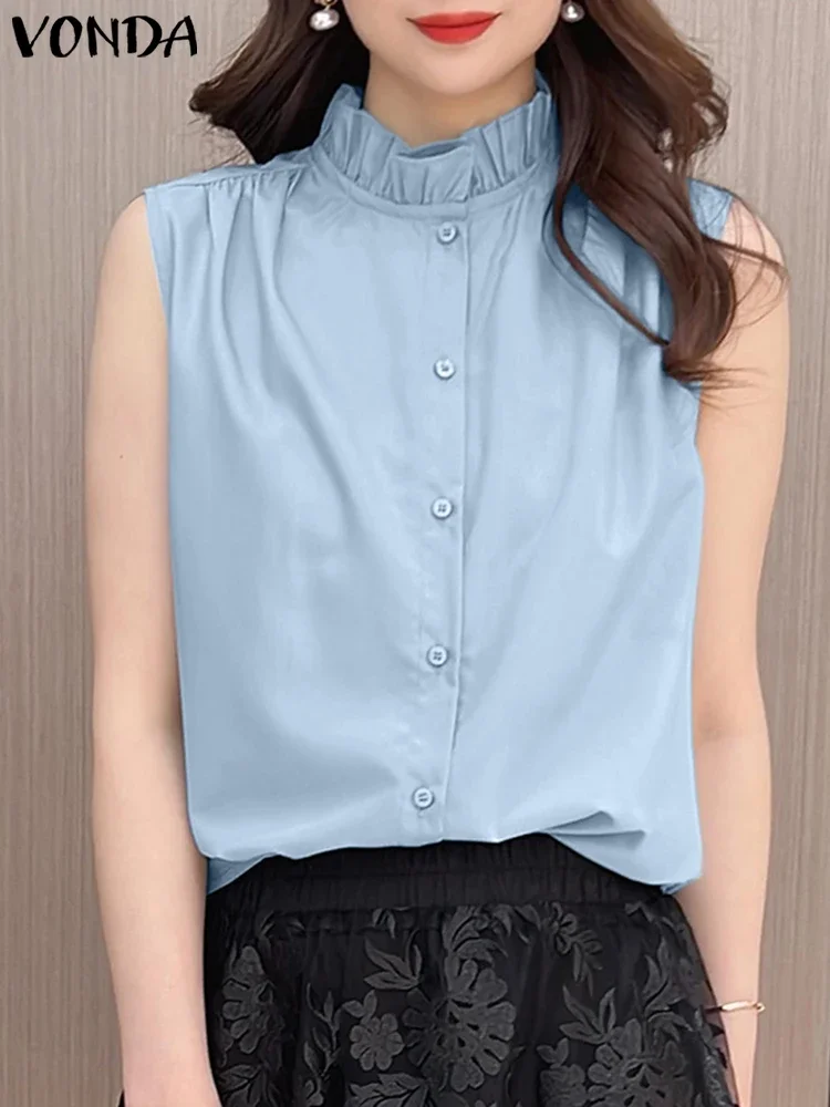 

VONDA 2025 Summer Women Shirts Fashion Ruffled Tunic Tops Casual Blouses Loose Solid Color Buttons Sleeveless Blusas Femininas
