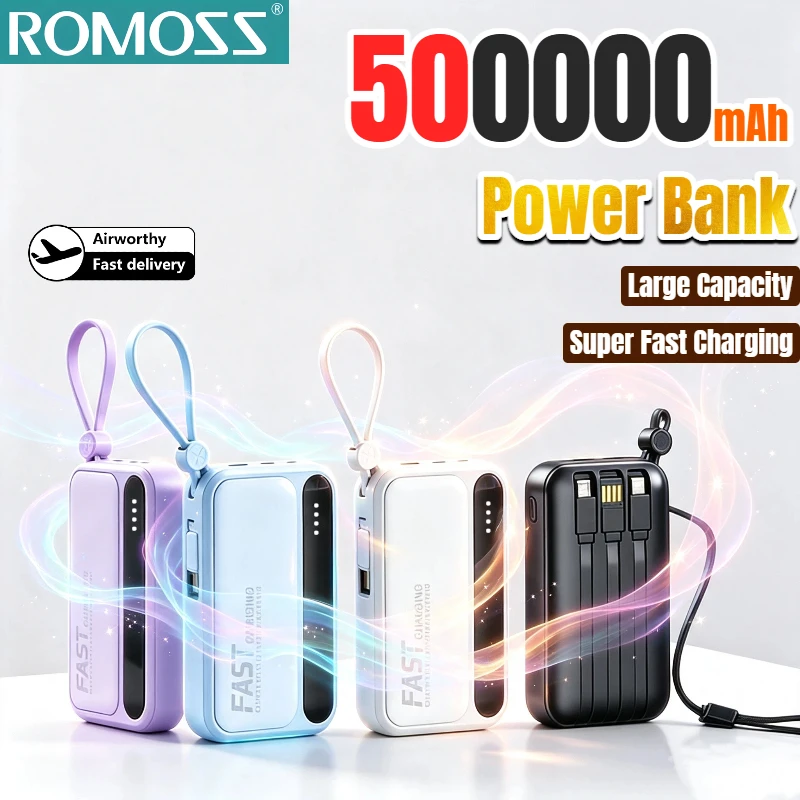 ROMOSS 500000mAh Power Bank Large Capacity Super Fast Charging Portable External Battery Built in 4 Lines for iPhone Huawei