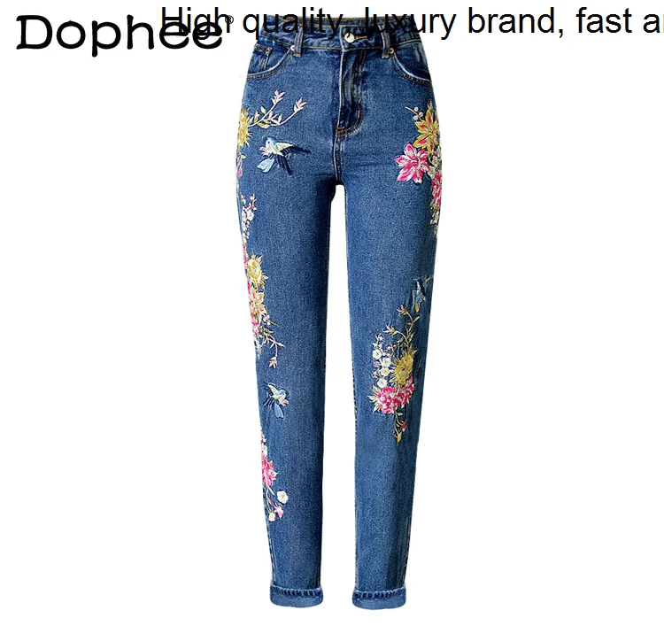 Cartoon Embroidered Flower Bird Mom Jeans Female High Waist Slim Blue Straight Denim Pants 2023 New Spring Autumn Women Clothing