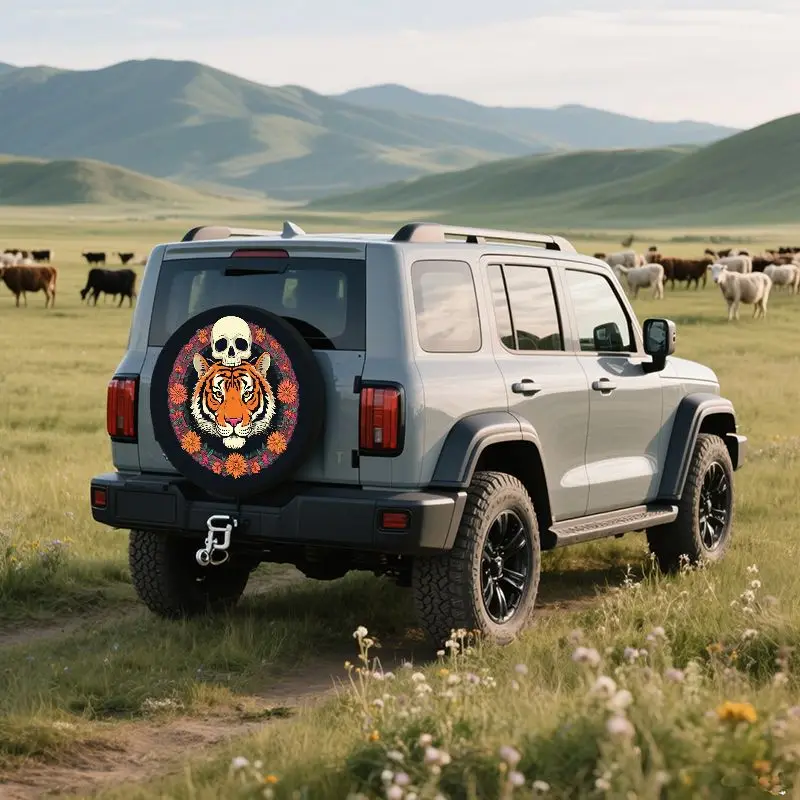 Tiger Skull Floral Spare Tire Cover Outdoor SUV Jeep Wrangler Dustproof Wheel Protector