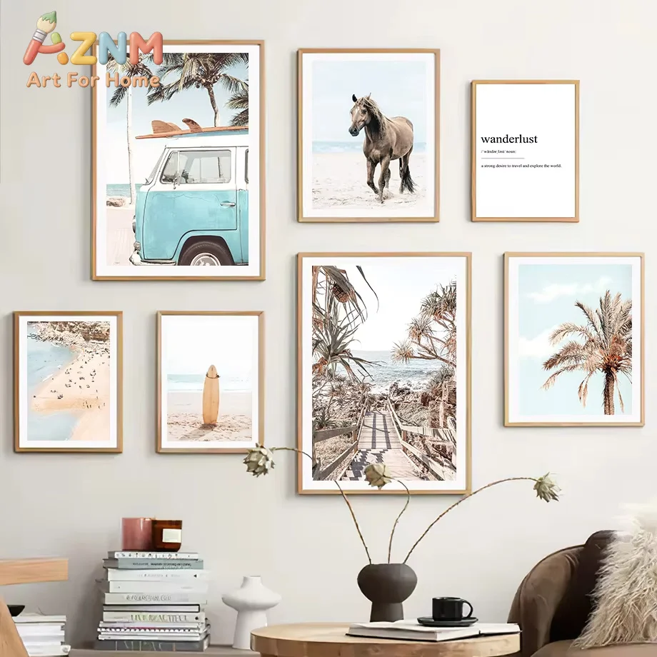 1 Stück Küsten-Strand-Wandbild, Boho-Surf-Leinwanddruck, Neutrale Palmen-Strand-Poster, Surfbrett-Bilder, Wohnzimmerdekoration