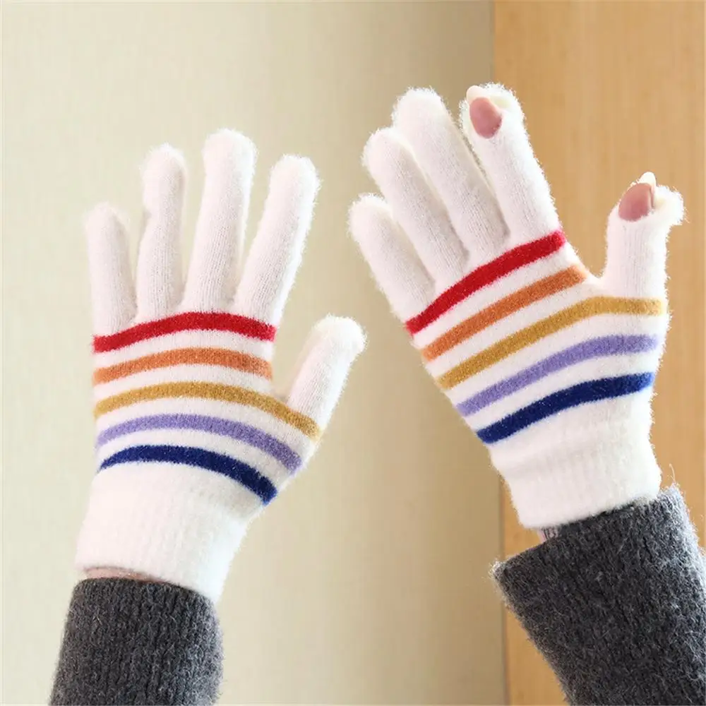 Cozy Rainbow Striped Knit Gloves Winter Warm with Small Openings on Fingers Touchscreen Gloves Unisex Students Gloves