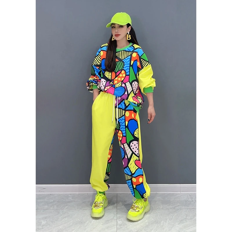 2024 Spring Autumn New Suit Color Matching Printed Long-Sleeved T-shirt Casual Trousers Two-Piece Set Casual Fashion Loose Women