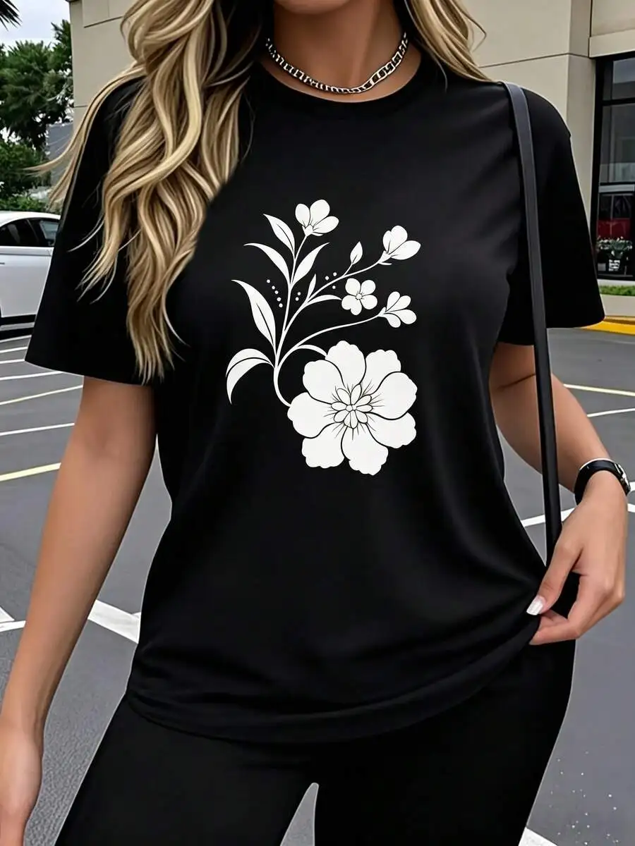 Women's Crew Neck Short Sleeve Graphic T-Shirt, White Flower Botanical Floral Print, Summer Daily Wear, Gift For Her Tops For Ladies