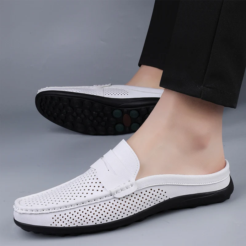 Summer Breathability Half Shoes for Men Loafers Slippers Leather Casual Driving Shoe Loafer Lightweight Flats Sandals Big Size47