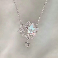 Korean Fashion Elegant Shiny Zircon Star Pendant Necklace Sweet Cute Girls Bow Knot Round Crystal Clavicle Chain Women Jewelry