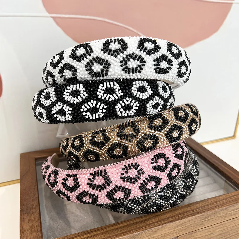 

Boutique Top Headband Rice Bead Sponge Hairband Headwear Shiny Female Leopard Print Fashion Headbands Hair Accessories for Women