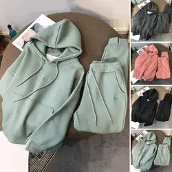 2Pcs/Set Long Sleeve Tracksuit Elastic Waist Fleece Lining Casual Outfit Women Autumn Winter Hooded Sweatshirt Pants Set