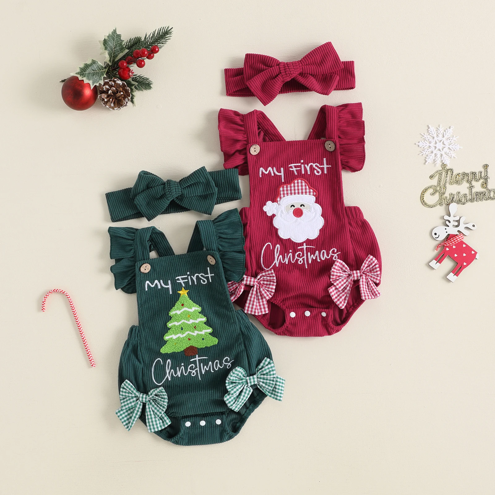 Baby Girl Christmas Romper Santa Embroidery Fly Sleeves Overalls & Headband Cute Corduroy Xmas Bodysuits
