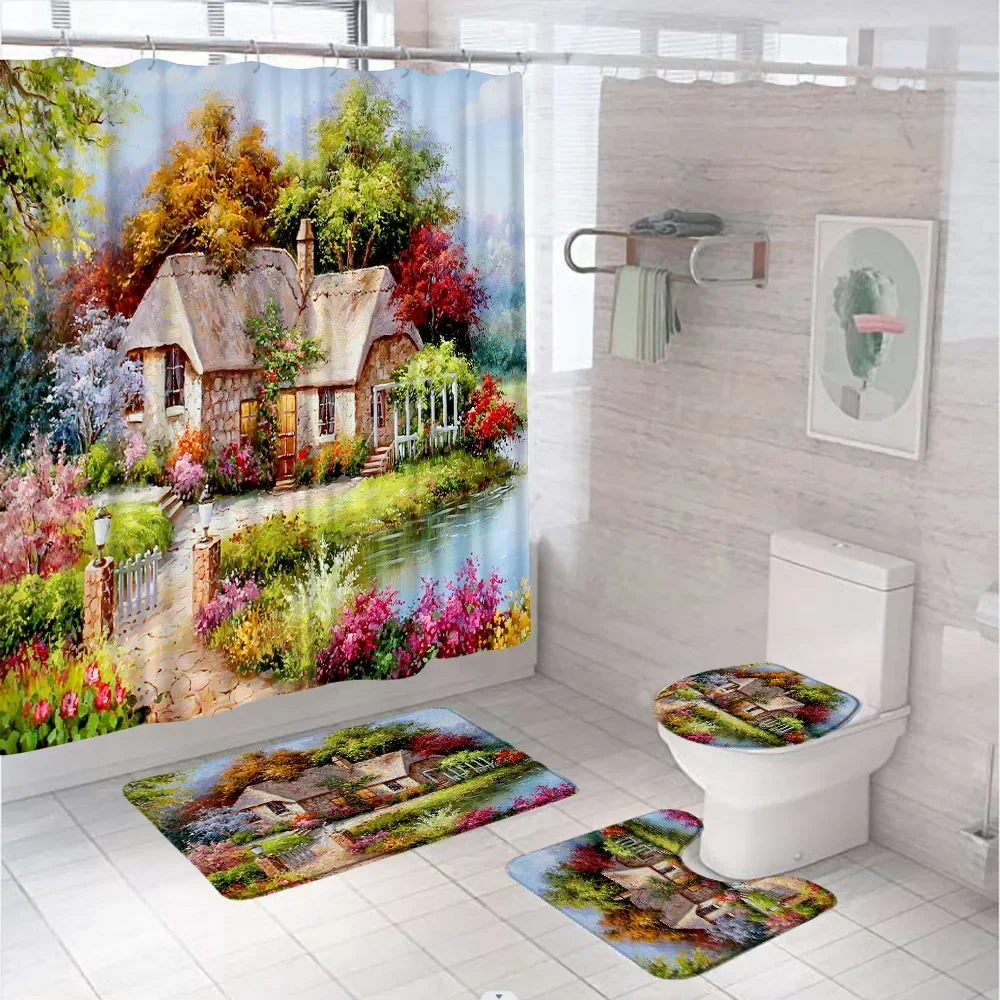 4Pcs Rural Oil Painting Landscape Shower Curtain Set Farmhouse Village Flower Bathroom Decor Screen Non-Slip Bath Rug Toilet Mat