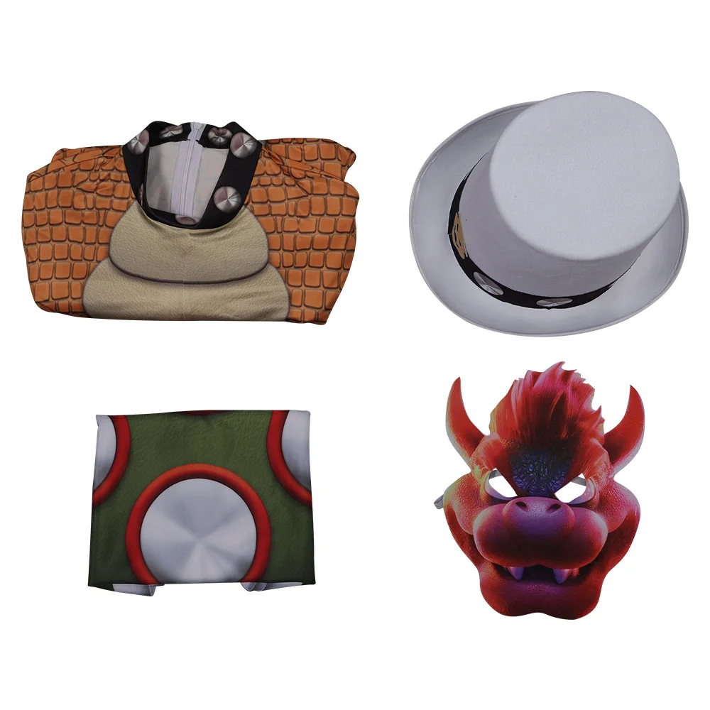 Movie Bowser Cosplay Costume Men Jumpsuit Mask Hat Cloak Backpack Bags Fantasia Outfits Halloween Carnival Party Disguise Suit