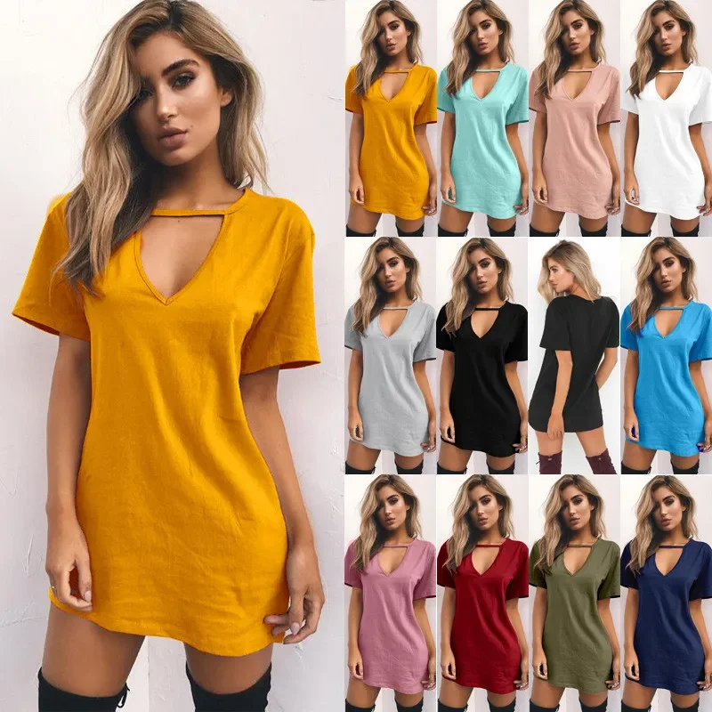 Summer Dress Women Sexy Casual Solid Short Sleeve V-neck Dresses Boho Beach Dress Party Dress