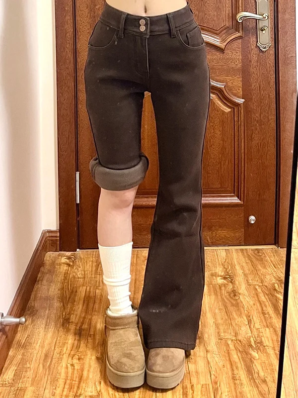 

Retro Brown Fleece Lined Flared Jeans Women's Thickened Spring New Style High Waist Bell Bottoms Comfortable Fit Ladies Jeans