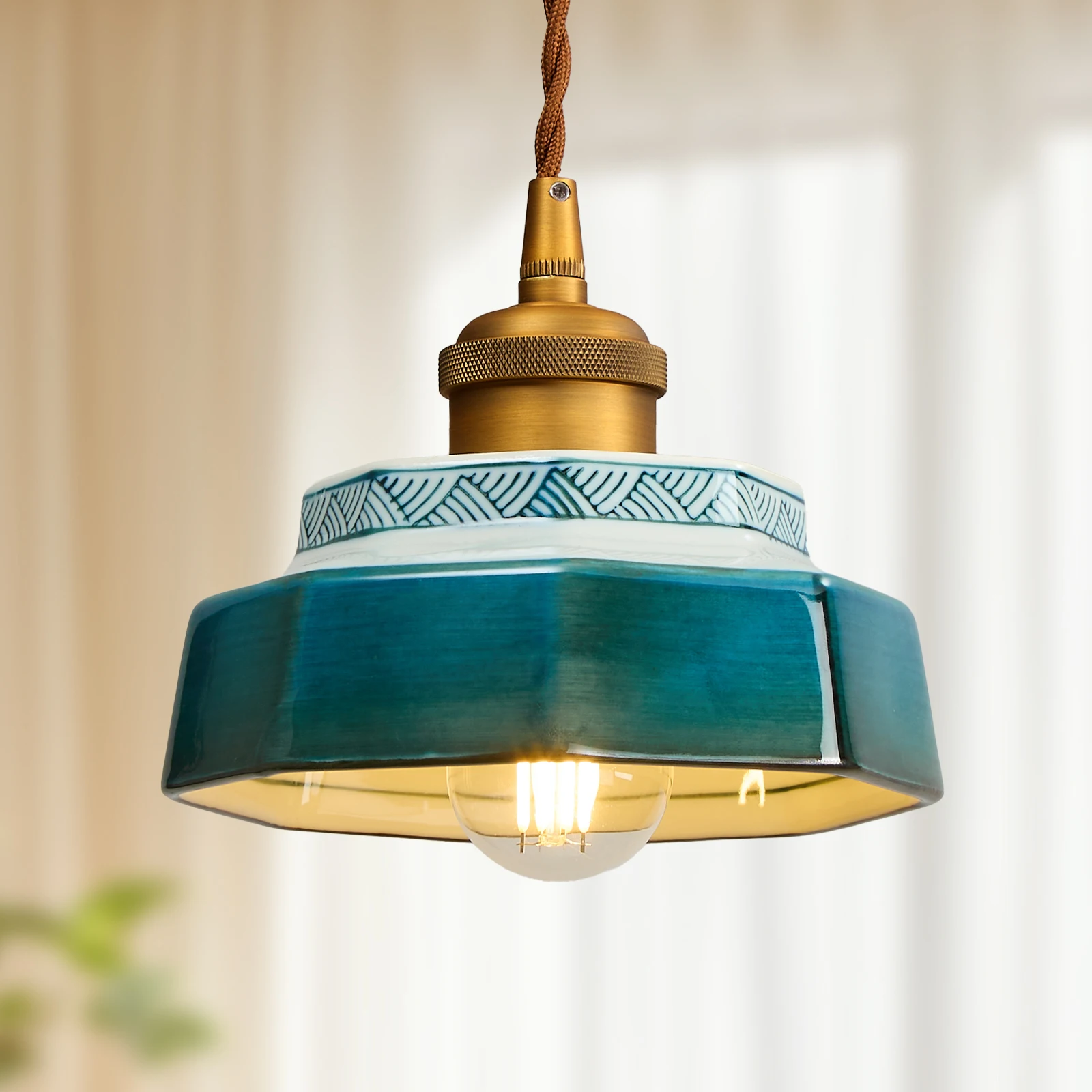 Retro Ceramic LED Pendant Lamp Handcrafted Ceramic Colored Chandelier Suitable Bedside Living Room Bedroom Ceramic Chandelier
