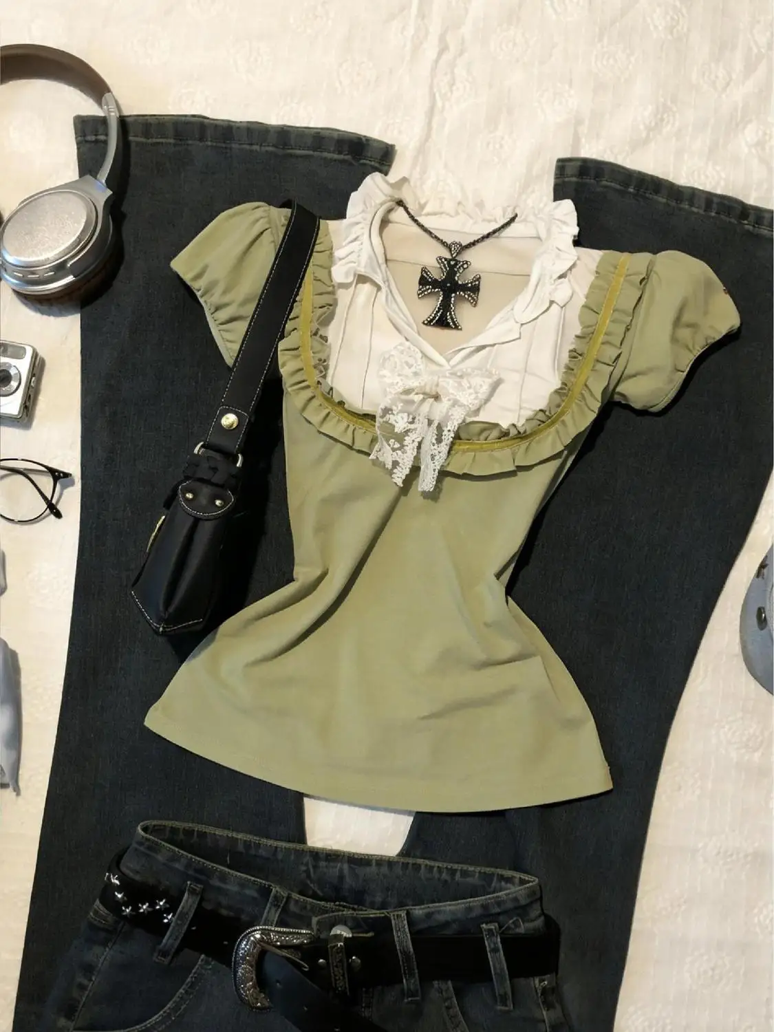 2000s Lace Trim Harajuku T Shirts Aesthetic Sweet Girl Summer Women Clothes Femme Trendy Green Kawaii Gentle Ruffle Y2k T Shirt