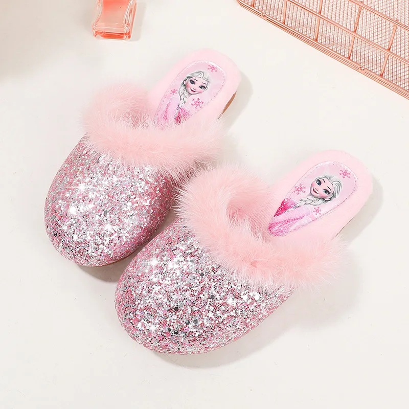 Disney Girls Cotton Slippers Princess Cartoon Frozen Elsa Print Children Lovely Soft Warm Flat Kids Indoor Home Bedroom Shoes