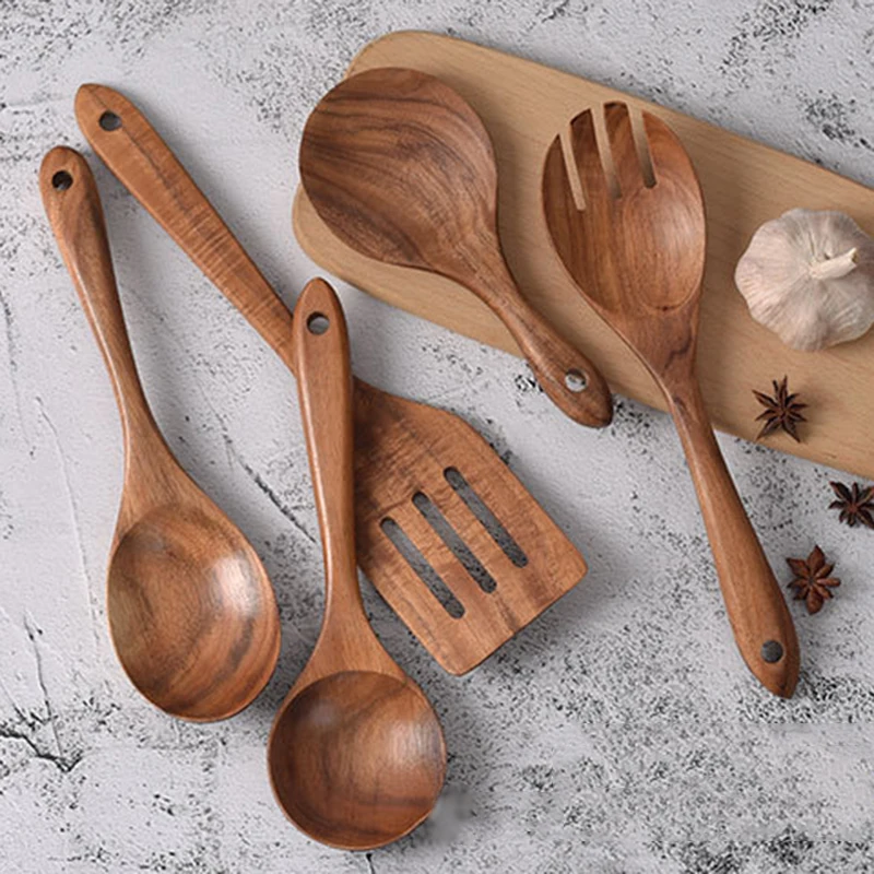 1pcs Natural Wood Spoon Ladle Turner Rice Colander Soup Skimmer Cooking Spoon Scoop Cup Tableware Kitchen Reusable Cookware