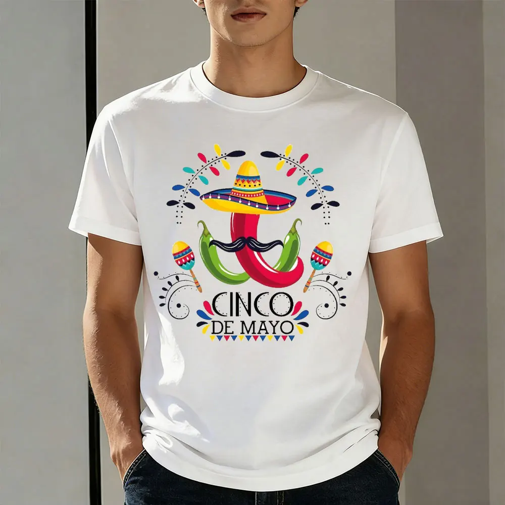 May 5th Mexico Mexican Fiesta Summer Casual Men T-Shirt Tops with Sombrero Peppers Maracas Design for Party Gift Wear