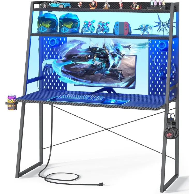 

Small Gaming Desk with Hutch and LED Lights, Gaming Computer Desk with Power Outlets, Gamer Desk with Storage Shelves, PC Gaming