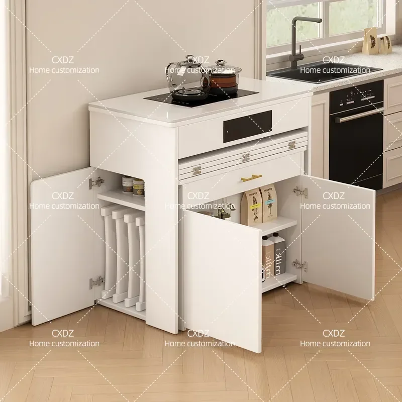 2026 New Rock Slab Small Apartment Island Dining Table Integrated Household Retractable Foldable Side Locker