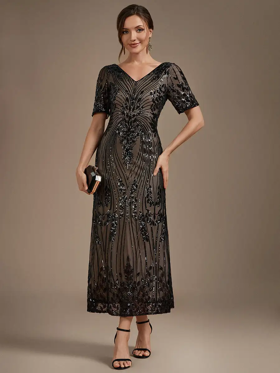 short-sleeve-sheath-sequined-v-neck-wedding-guest-dresses