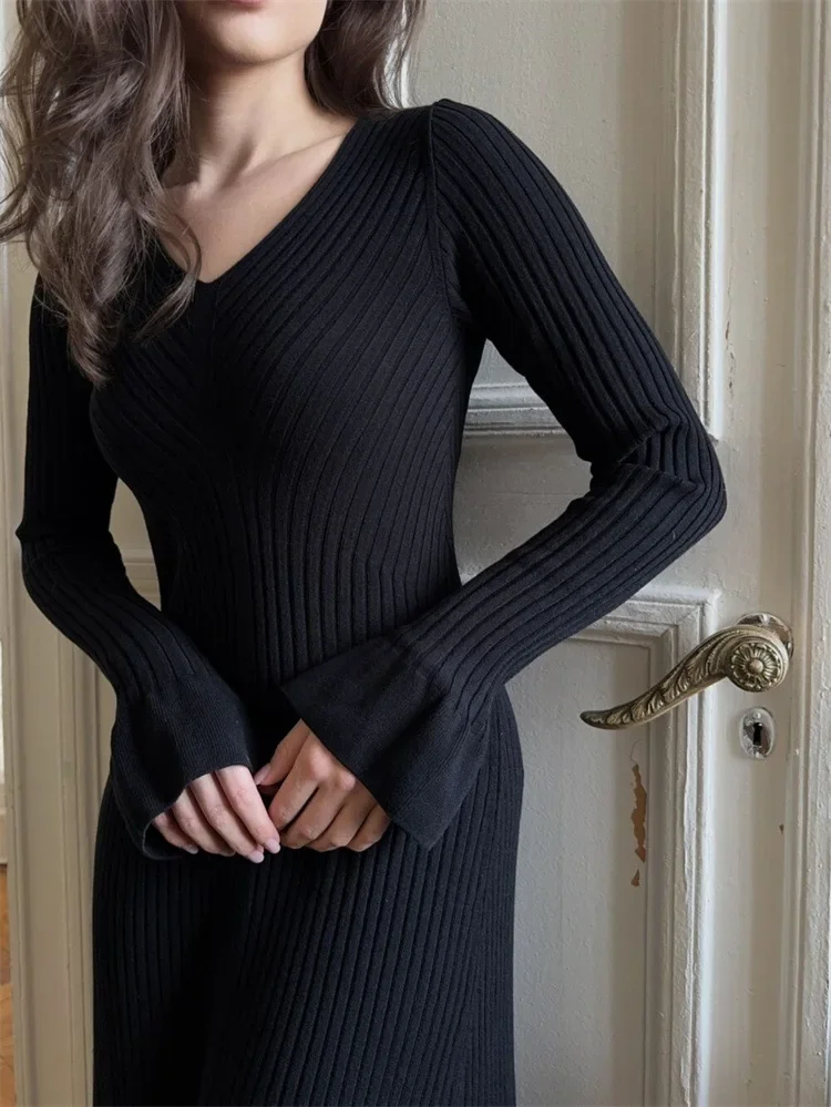 Women Long Sleeve V-Neck Ribbed Knitted Dress Female Patchwork Ruffled Slim High Waist Bodycon Dresses Knit Maxi Dresses