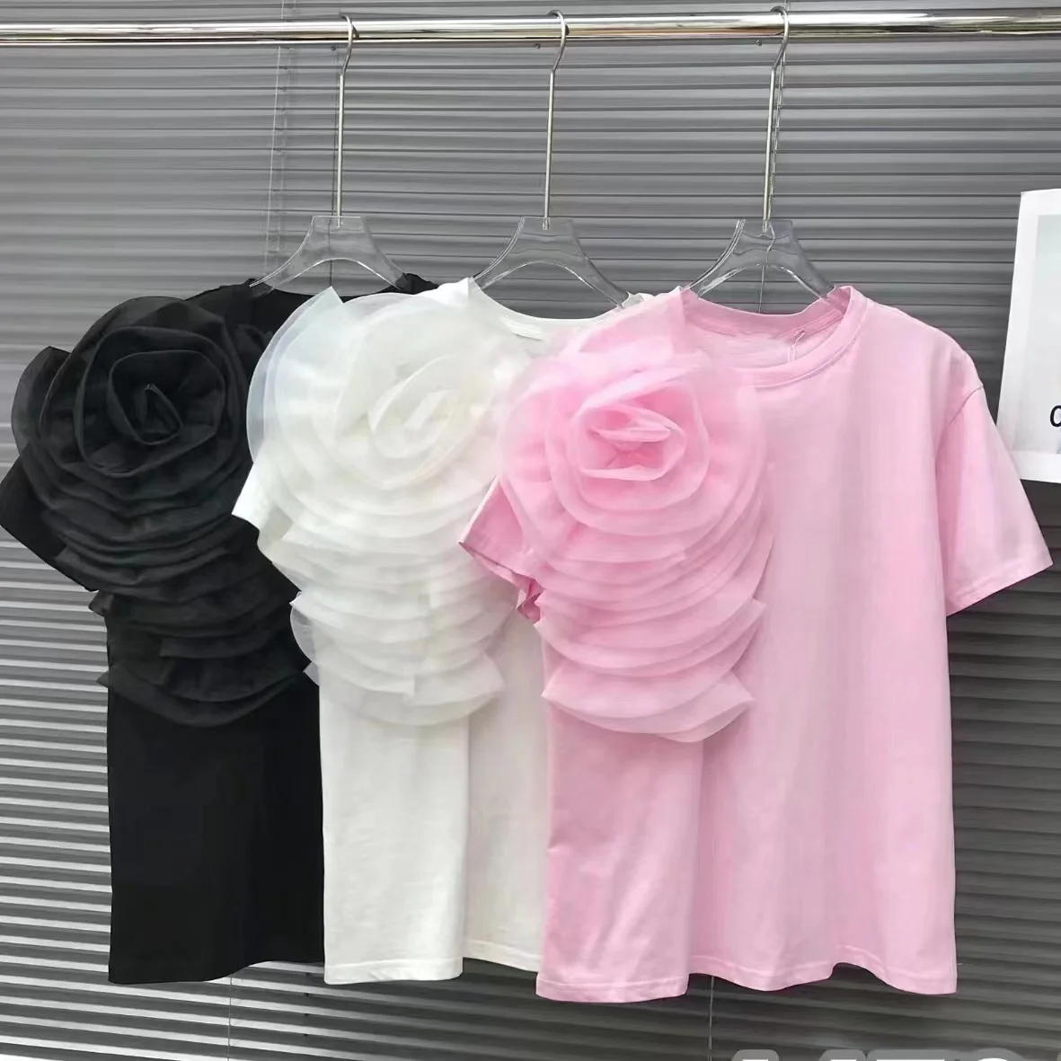 3D Flowers Stitch Short Sleeve Cotton Tshirt Three-Dimensional Big Flower Loose Casual T-shirt for Women Tops Tees White Pink