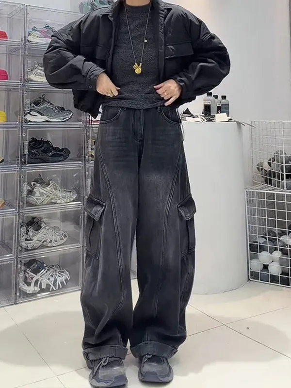 Jeans in denim foderati a vita alta da donna Autunno Inverno Pantaloni casual da lavoro con coltello a gamba larga