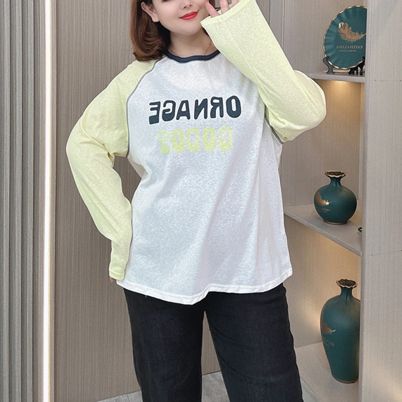 Loose Printed Long Sleeve T-shirt for Women, Plus Size Tops, Color Block, Early Autumn, New, 822