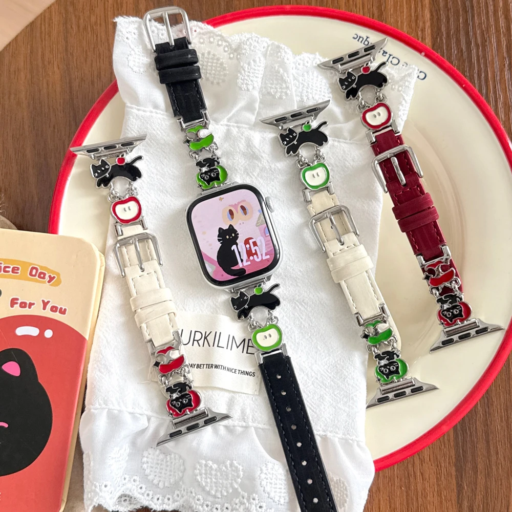 Metal Cartoon Leather Strap For Apple Watch Ultra 3 2/1 49mm 10 9 8 7 42mm 46 44 45mm Sparkle Strap For IWatch 6 5 4 SE 38 40 41