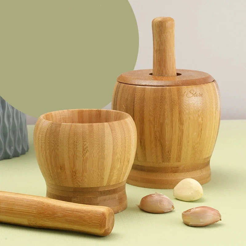 

Traditional Bamboo Mortar and Pestle Set Garlic Grinder Herb Spice Masher Seasoning Crusher Kitchen Tool for Mash Spices Pepper