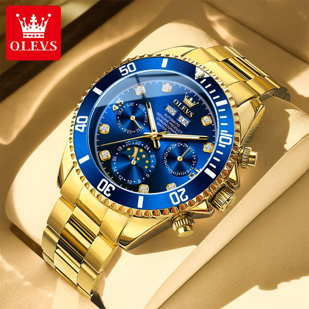 

OLEVS мужские часы из нержавеющей стали, водонепроницаемые Luiminous, деловые модные роскошные мужские часы, механические часы с датой и фазой Луны, мужские часы