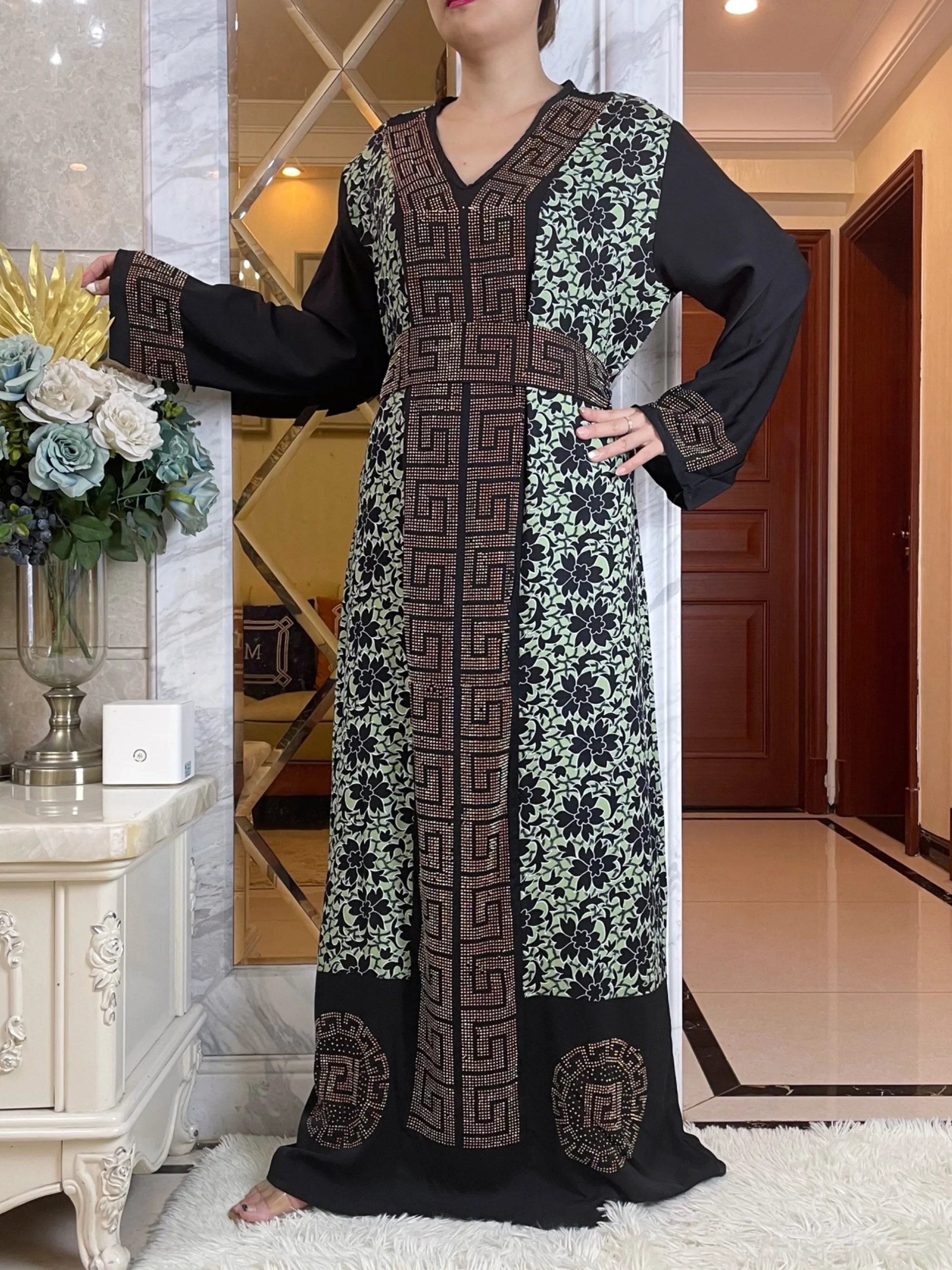 2023 Dubai Muslim Women Long Sleeve Dress With Belt and Scarf  Loose Maxi  Robe Femme Diamond African Comfort Print Floral Abaya