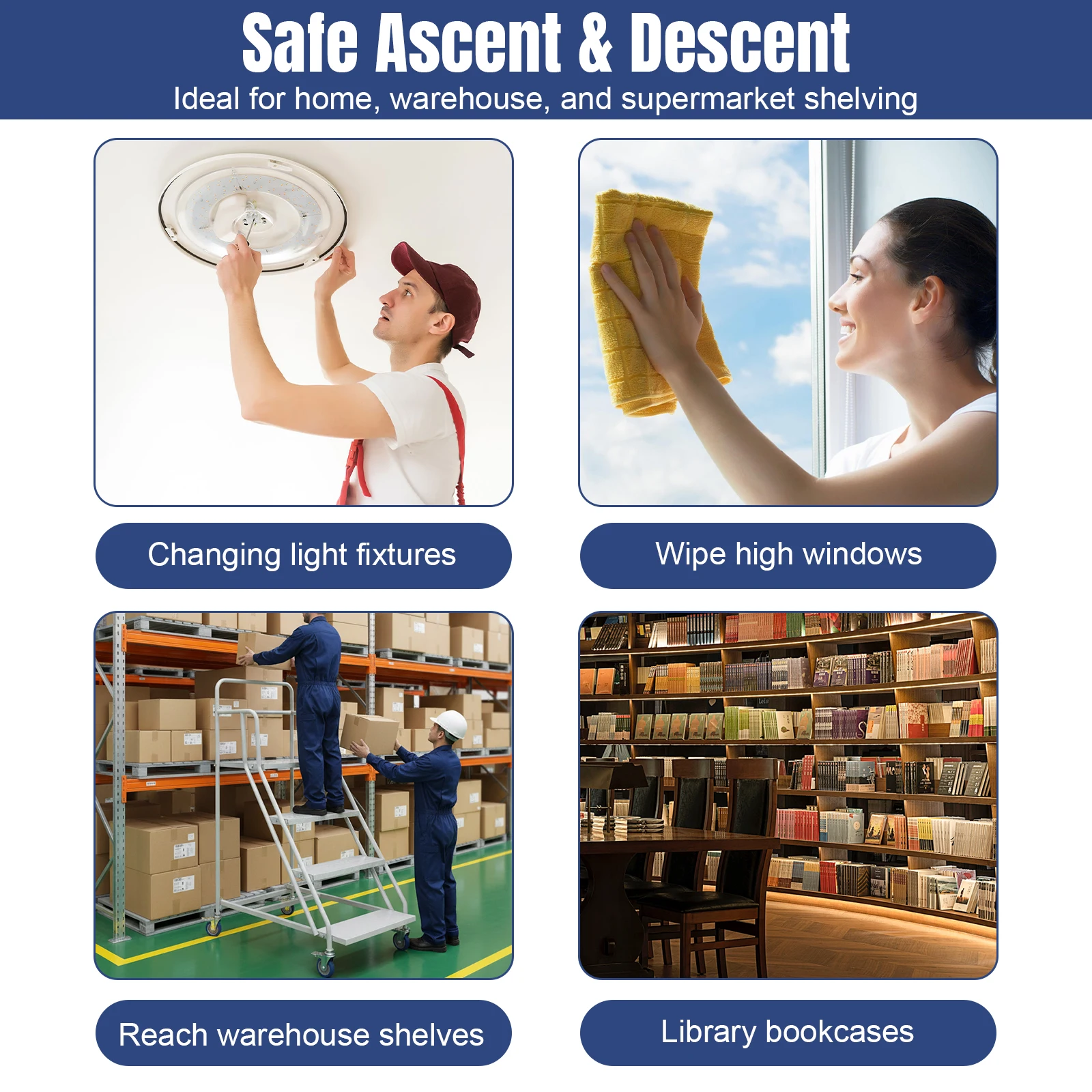 

4 Steps Industrial Heavy Duty Step Ladder 445LBs Capacity Metal Rolling Mobile Ladder W/ Wheels for Supermarket Library