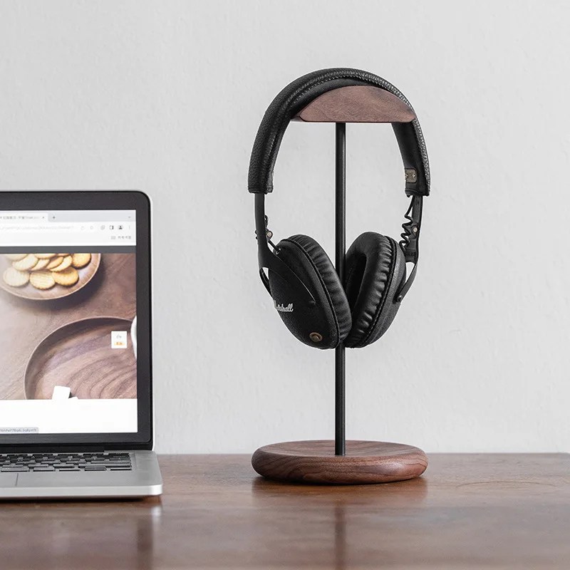 Walnut Wood & Metal Headphone Stand – Minimalist Gaming Headset Holder for Desk, Office & Home – Premium Earphone Display Rack
