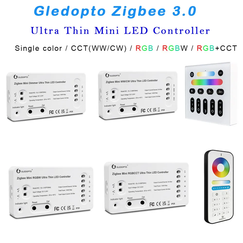 

DC 5~24V Zigbee 3.0 Mini LED Strip Controller Gledopto Single color/CCT/RGB/RGBW/RGB+CCT Lights tape Dimmer 2.4G RF Remote