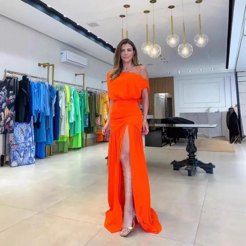 Vestido Sexy de moda para mujer con hombros descubiertos, sin mangas, elegante, informal, con abertura, cintura alta, vestido de vacaciones de Color sólido, jerséis para mujer