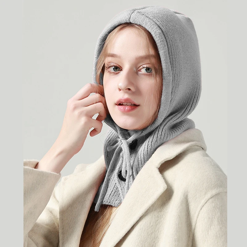 

Fashion Winter Hats Scarf Set Wool Knitted Hooded Caps Balaclava Neck Warmer Scarf Shawl Gothic Pullover Hat Beanies Bonnet