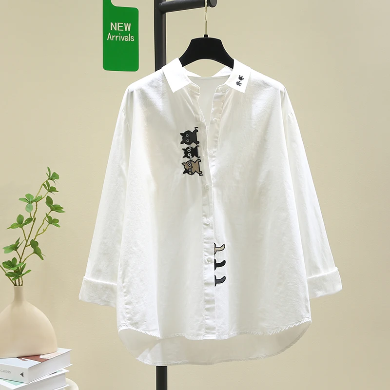 

Spring and Autumn New Cute Cat Embroidery Pure Cotton Breathable Shirt for Women, Korean Style Casual Age-Reducing Versatile Student Layered Long-Sleeve White Shirt Top
