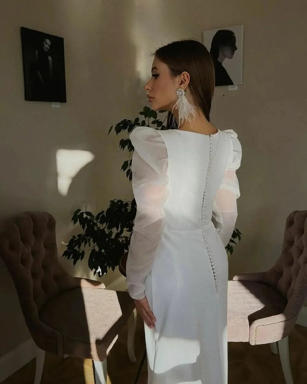 Abiti da sposa classici in raso abito da sposa con scollo quadrato a maniche a sbuffo a sirena con bottone personalizzabile per misurare Robe De Mariee