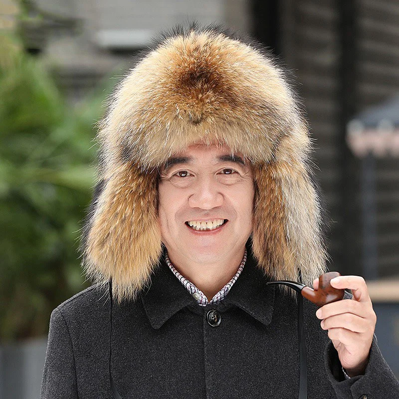 Men’s Lei Feng Hat Winter Outdoor Thickened Ear Protection Hat Russian New Raccoon Hair Warm Windproof Snow Hat