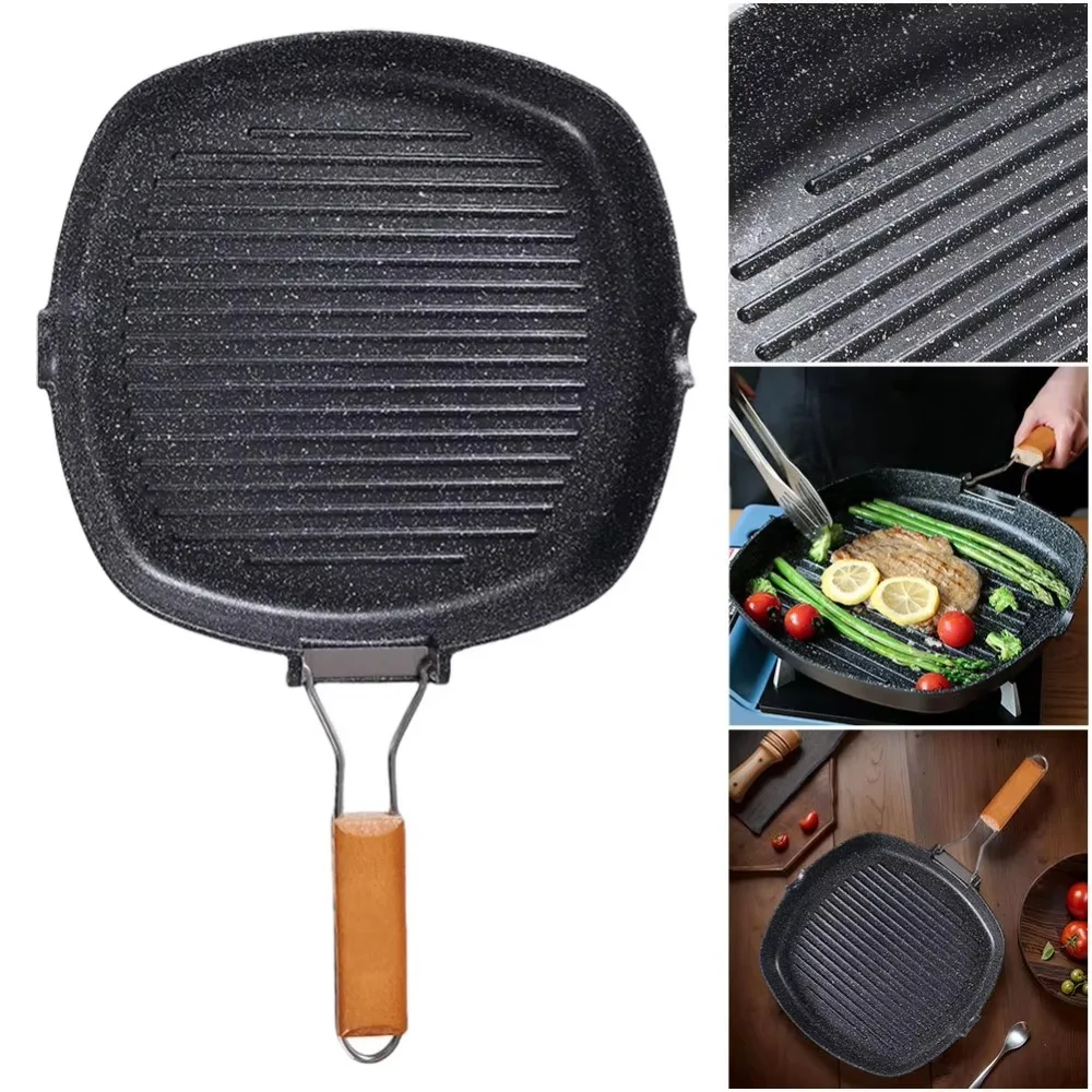 

Portable Hand Forging Cast Iron Pan Foldable Uncoated Picnic Grill Pan Non Stick Wooden Handl Steak Frying Pan Outdoor BBQ