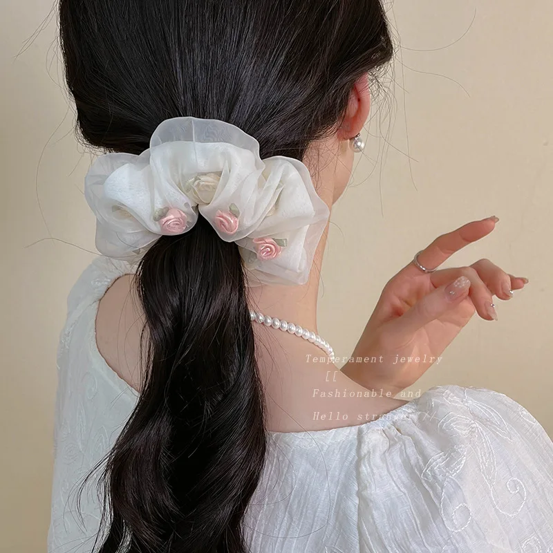 Korean Fashion Summer Rose Flower Large Intestine Hair Rope Headband Women Mesh Elastic Hair Bands Scrunchie Hair Accessories