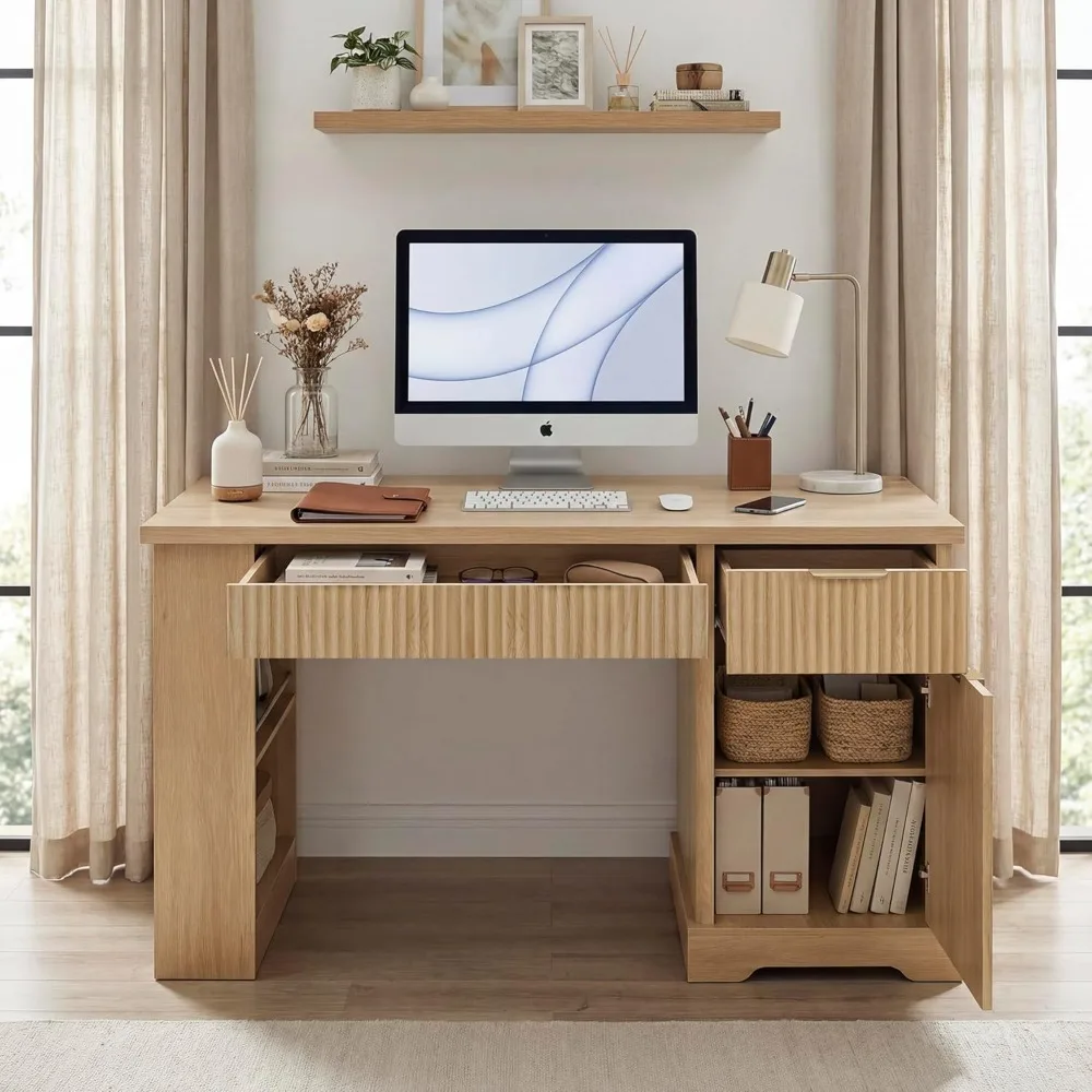 Modern Fluted Wooden Office Desk with Built-in Charging Station, Adjustable Storage Cabinet, 2 Drawers and Pegboard for Study
