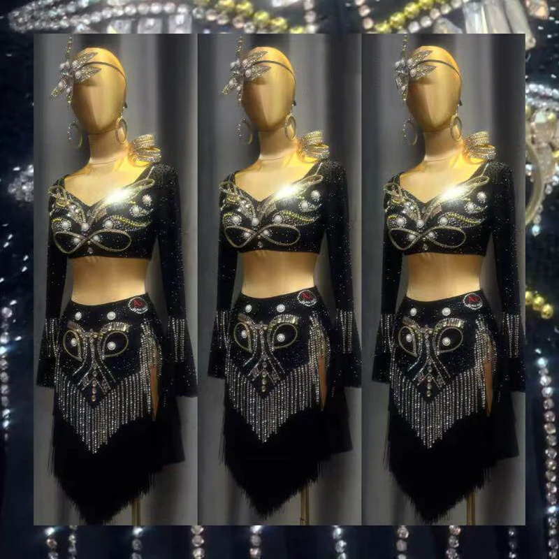 Latin Dance Adult Children'S Dress AB Stone High-End Custom Classical Black Gold Split Long Sleeved Cha Tango Women'S Clothing