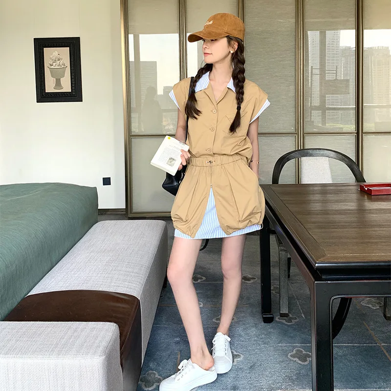 2025 Summer New Leisure Suit Patchwork Striped Single Breasted Sleeveless Vest For Women Drawstring Mini Skirts Set Female