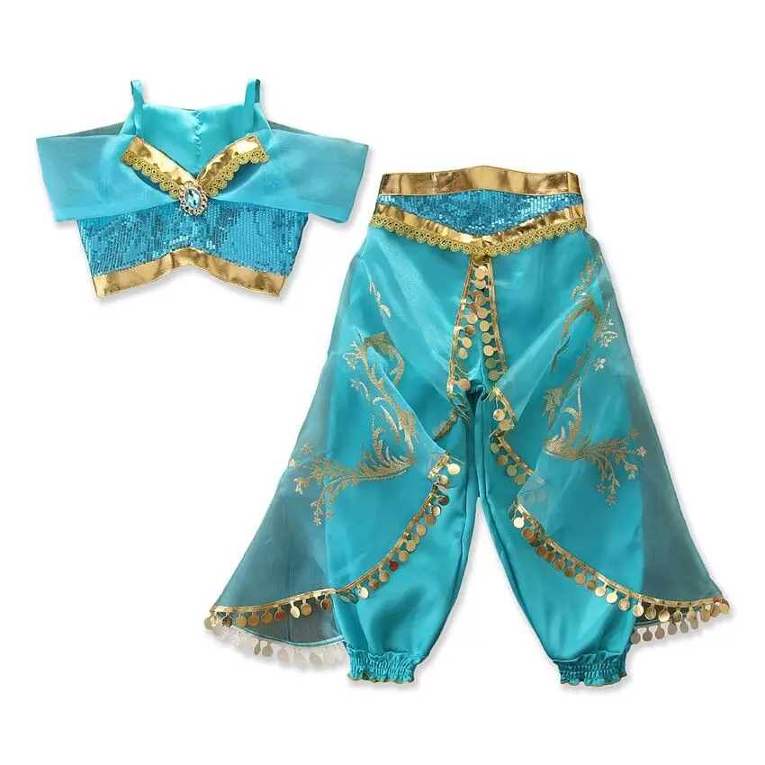 

Girls Princess Costume 2PCS Rave Outfits Sequins Crop Tops Tassel Pants Halloween Cosplay Party Dress Up